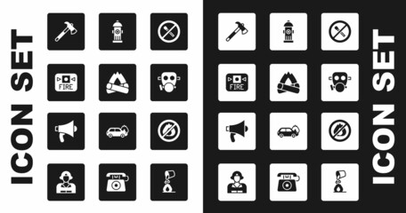 Set No fire match, Campfire, Fire alarm system, Firefighter axe, Gas mask, hydrant, and Megaphone icon. Vector