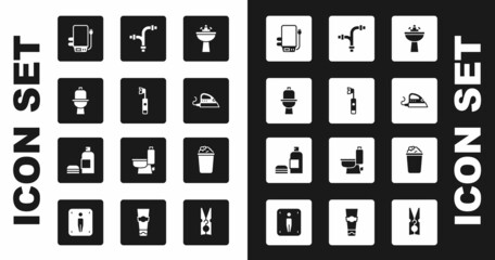 Set Washbasin with water tap, Electric toothbrush, Toilet bowl, boiler, iron, Industry metallic pipe, Bucket soap suds and Bottle of shampoo icon. Vector
