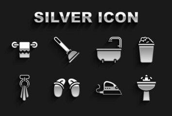 Set Flip flops, Bucket with soap suds, Washbasin water tap, Electric iron, Towel hanger, Bathtub, and Rubber plunger icon. Vector