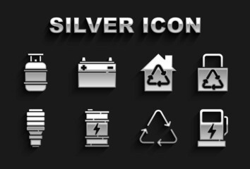 Set Bio fuel barrel, Paper bag with recycle, Electric car charging station, Recycle symbol, LED light bulb, Eco House recycling, Propane gas tank and Car battery icon. Vector