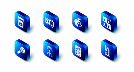 Set Spectrometer, Biological structure, Periodic table, Test tube flask on fire, Clinical record, Genetically modified food, Microorganisms under magnifier and Jar with additives icon. Vector