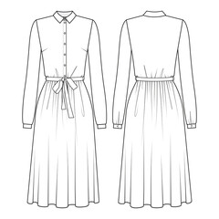 Fashion technical drawing of dress with long sleeves and collar