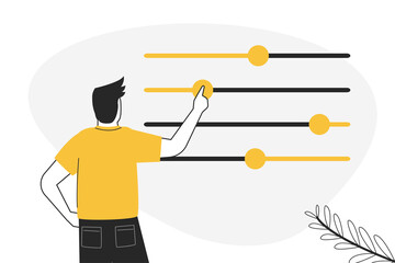 Cartoon man moves different sliders. Guy adjusts various parameters. Concept of custom settings. Male user customize settings. System adjust, control panel