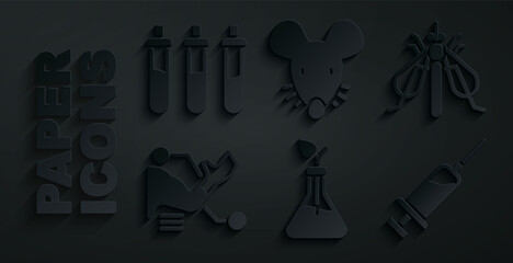 Set Plant breeding, Experimental insect, Prosthesis hand, Syringe, mouse and Reagent bottle icon. Vector