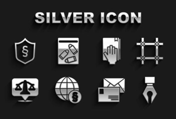 Set International law, Prison window, Fountain pen nib, Envelope, Scales of justice, Oath the Holy Bible, Justice shield and Evidence bag and bullet icon. Vector