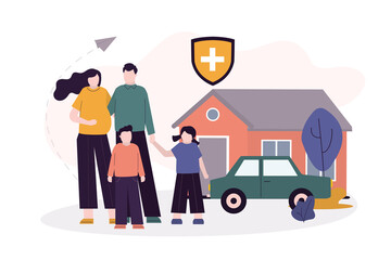 Happy cartoon family with kid have insurance. Parents with children. Full insurance for house and car concept. Future financial support in case of accident
