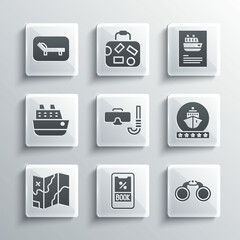 Set Cruise ticket, Binoculars, ship, Diving mask and snorkel, Folded map, Sunbed umbrella and icon. Vector