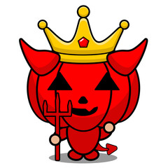 cartoon vector illustration of cute red devil pumpkin mascot character wearing king crown