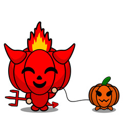 cartoon vector illustration of cute red devil pumpkin mascot character holding pet pumpkin
