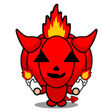 cartoon vector illustration of cute red devil pumpkin mascot character holding two candles