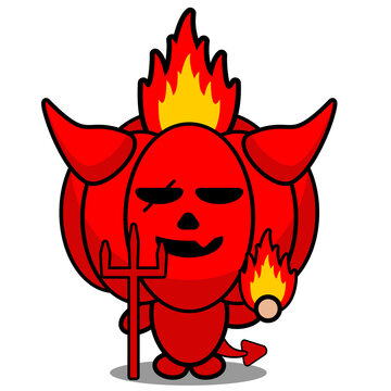 cartoon vector illustration of cute red devil pumpkin mascot character holding fire