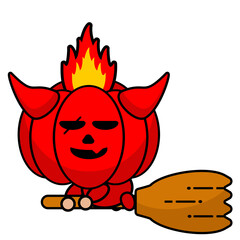 cartoon vector illustration of cute red devil pumpkin mascot character riding a broomstick