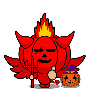 cartoon vector illustration of cute red devil pumpkin mascot character with pumpkin wearing a witch hat