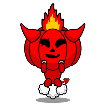 cartoon vector illustration of cute red devil pumpkin mascot character fart
