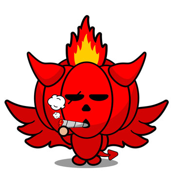 cartoon vector illustration of cute red devil pumpkin mascot character smoking