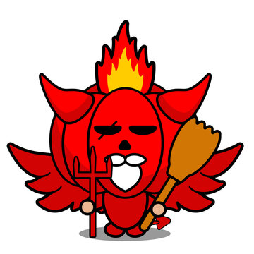 cartoon vector illustration of cute red devil pumpkin mascot character holding broomstick