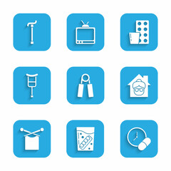 Set Sport expander, False jaw in glass, Medicine pill tablet, Nursing home, Knitting, Crutch crutches, Pills blister pack and Walking stick cane icon. Vector