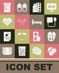 Set Medicine pill or tablet, Slippers, Blood pressure, Pills blister pack, Crutch crutches, Heart rate, bottle and pills and Bed icon. Vector