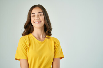 cheerful woman fashion hairstyle yellow tshirt lifestyle posing