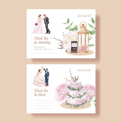 Postcard template with lilac violet wedding concept,watercolor style