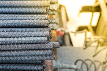 Construction worker Making Reinforcement steel rod and deformed bar with rebar at construction site.