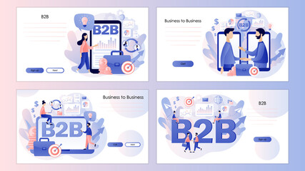 B2B : Business to business. Successful business collaboration. Tiny businessmens enter into agreement. Screen template for landing page, template, ui, web, mobile app, poster, banner, flyer. Vector 