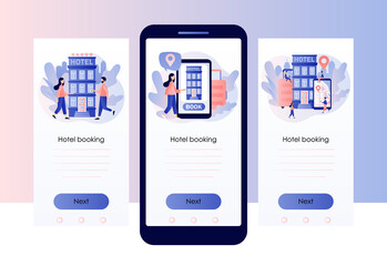 Booking hotel online. Search and choose hotel and apartment. Reservation application interface. Tourist and business trip. Screen template for mobile, smartphone app. Modern flat cartoon style. Vector