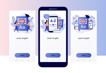Language courses or school online. Tiny people learning English with smartphone app. Distance education. Screen template for mobile, smartphone app. Modern flat cartoon style. Vector illustration