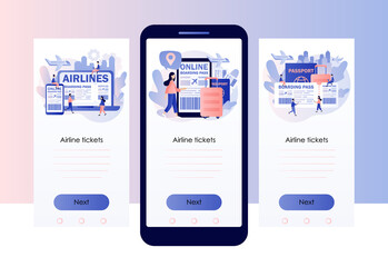 Naklejka na ściany i meble Airline boarding pass ticket. Tiny people booking flights travel online. Buy ticket online. Business flights worldwide. Screen template for mobile, smartphone app. Modern flat cartoon style. Vector 