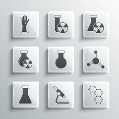 Set Microscope, Chemical formula, Molecule, Test tube and flask, radiation, Medical rubber gloves and icon. Vector