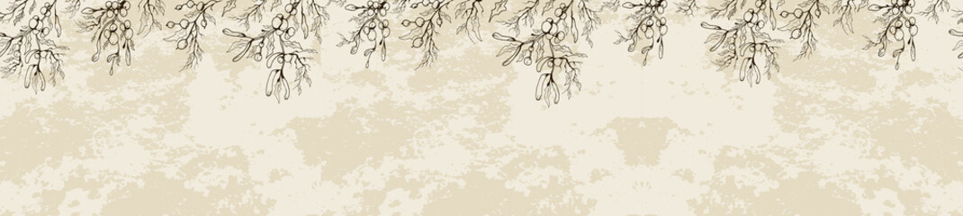 seamless background, banner with a place for the text. hand-drawn branches of winter Víscum in a minimalist style. a modern pattern for holiday, banner.  vintage style. art   illustratration