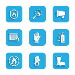 Set Firefighter gloves, No fire, boots, extinguisher, burning garage, Megaphone and protection shield icon. Vector