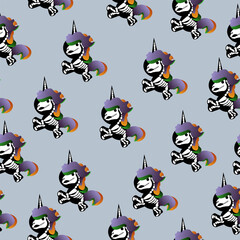seamless pattern with colourful unicorns skeleton, happy halloween background wrapping paper