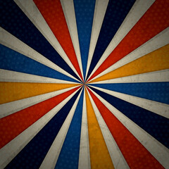 Abstract retro sunburst background. Vintage grunge image sun rays. The color palette is blue, red, yellow, in a radial stripe design