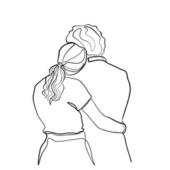 Continuous line of men and women show their love, kiss Valentine's Day Love Thailand vector illustration, hand-drawn lines, simple wedding couples.