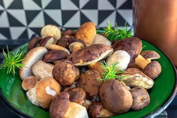 Bay boletes and mushrooms in a old green bowl