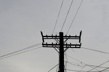 Silhouette of electric pole with wires against the grey sky
