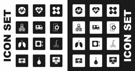 Set Crossed bandage plaster, Emergency car, Medical hospital building, Heart rate, phone call, scissors and Lungs icon. Vector