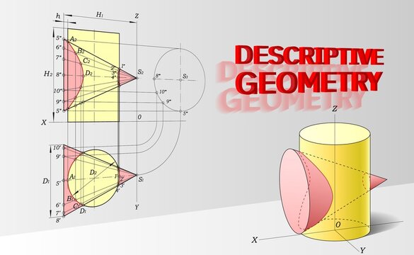 Background for a presentation on descriptive geometry. Drawings of parts in geometry. Abstract illustration of intersecting cylinder and cone in isometry and drawings.