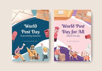Postcard template with world post day concept,watercolor style