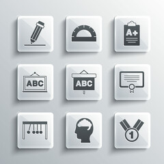 Set Human brain, Medal, Certificate template, Chalkboard, Pendulum, Pencil with eraser and Exam sheet A plus grade icon. Vector