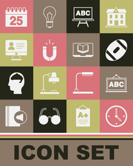 Set Clock, Chalkboard, American Football ball, Magnet, Online class, Calendar and icon. Vector