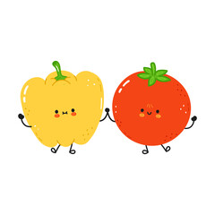 Cute happy pepper and tomato. Vector hand drawn doodle style cartoon character illustration icon design. Сard whith cute happy pepper and tomato. Friends concept