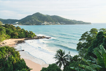 Beautiful coastline blue water cliffs and mountains background.