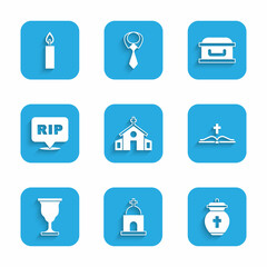 Set Church building, Old crypt, Funeral urn, Holy bible book, Christian chalice, Speech bubble rip death, Coffin with cross and Burning candle icon. Vector