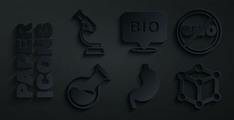 Set Human stomach, No GMO, Test tube and flask, Molecule, Bio healthy food and Microscope icon. Vector
