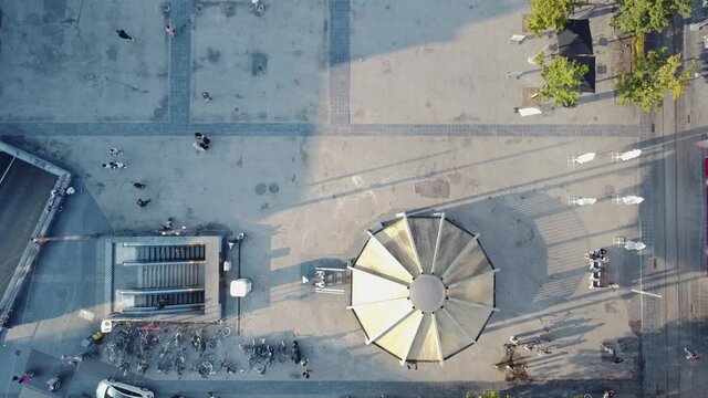 Drone Top Down View Of Groenplaats Square Escalator Antwerp Antwerpen City With People Walking Past