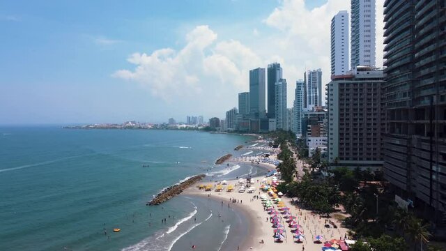 Aerial view of Bocagrande in Cartagena with the sea and the skyline, Colombia
