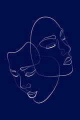 Surreal Faces Continuous line, drawing of set faces and hairstyle, fashion concept, woman beauty minimalist, vector illustration pretty sexy. Contemporary portrait