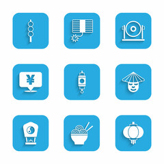 Set Chinese paper lantern, Asian noodles bowl, man, Yuan currency, Gong and Meatballs wooden stick icon. Vector
